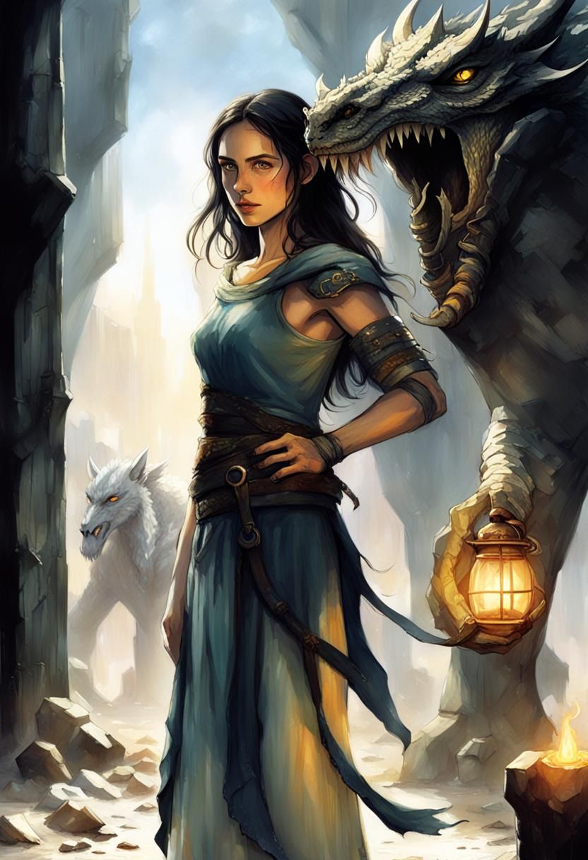 The girl and a dragon:  A beautiful woman with dark hair and...