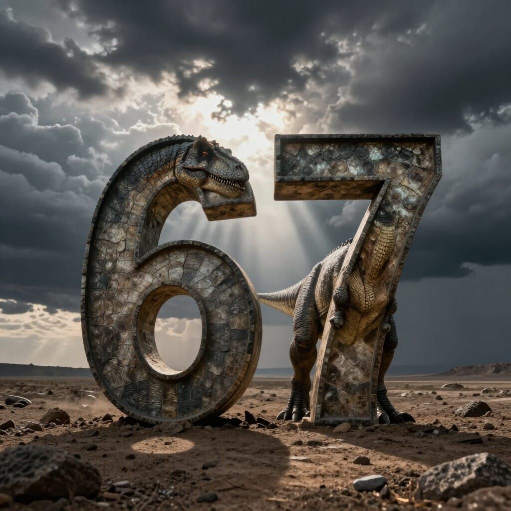 Number 67 with T-Rex Legs on Rocky Plain