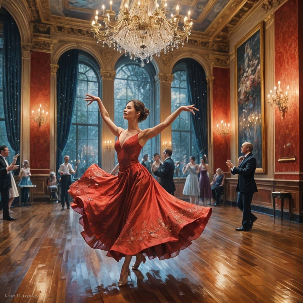 Elegant Woman Dancing in Grand Ballroom with Impressionist F...