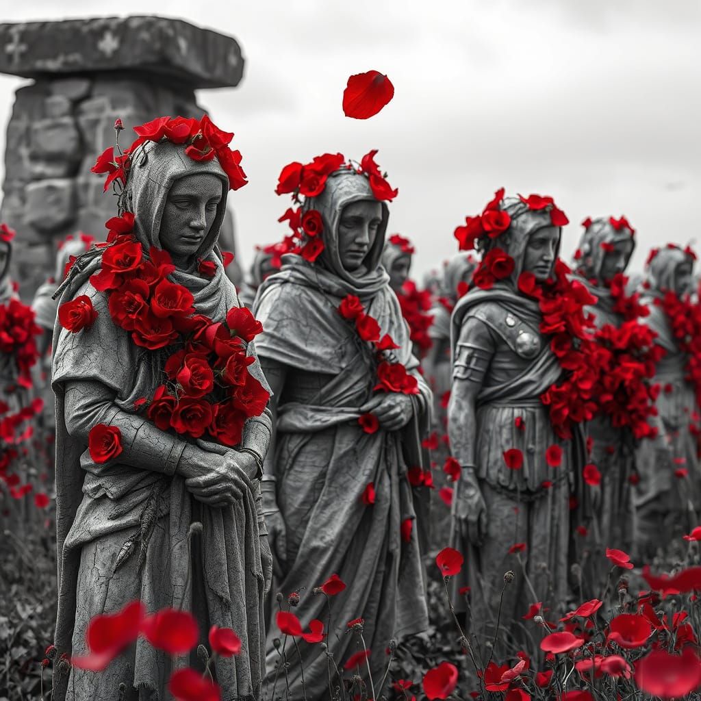Monochrome Battlefield with Red Blooms: Surreal Stone Statue...