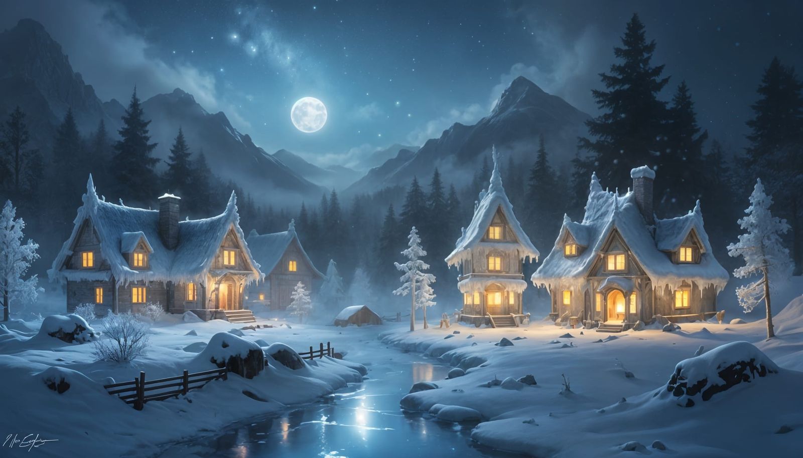 Magical Ice Village Under Winter Moon