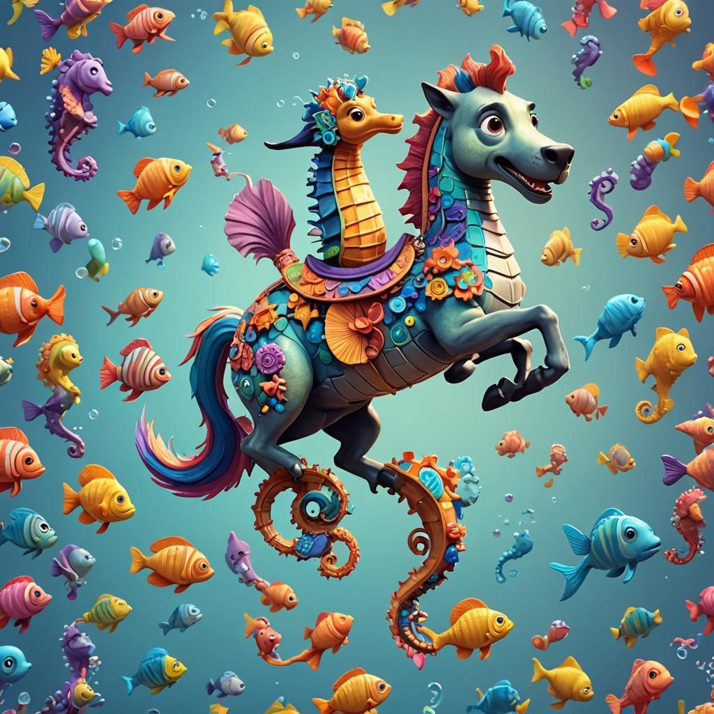 Dog Rides Seahorse: Pixar-Style 3D Digital Art