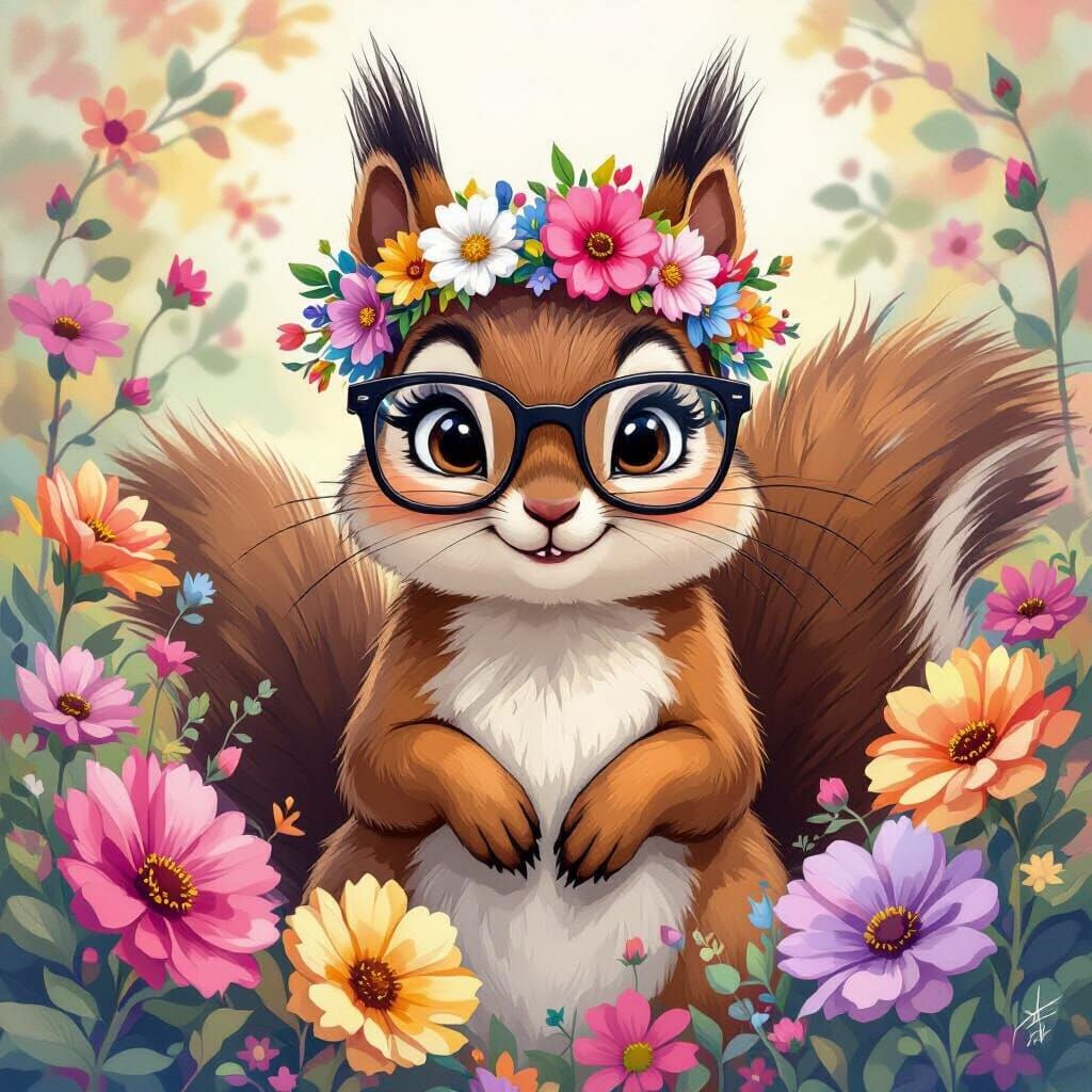 Whimsical Squirrel with Flower Crown and Glasses