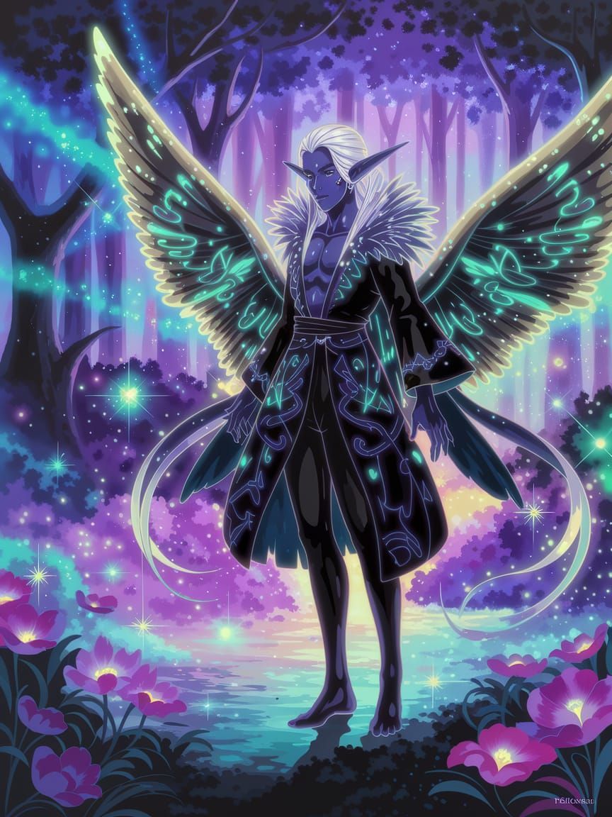 Dark Fantasy Manga Elf in a Glowing Forest