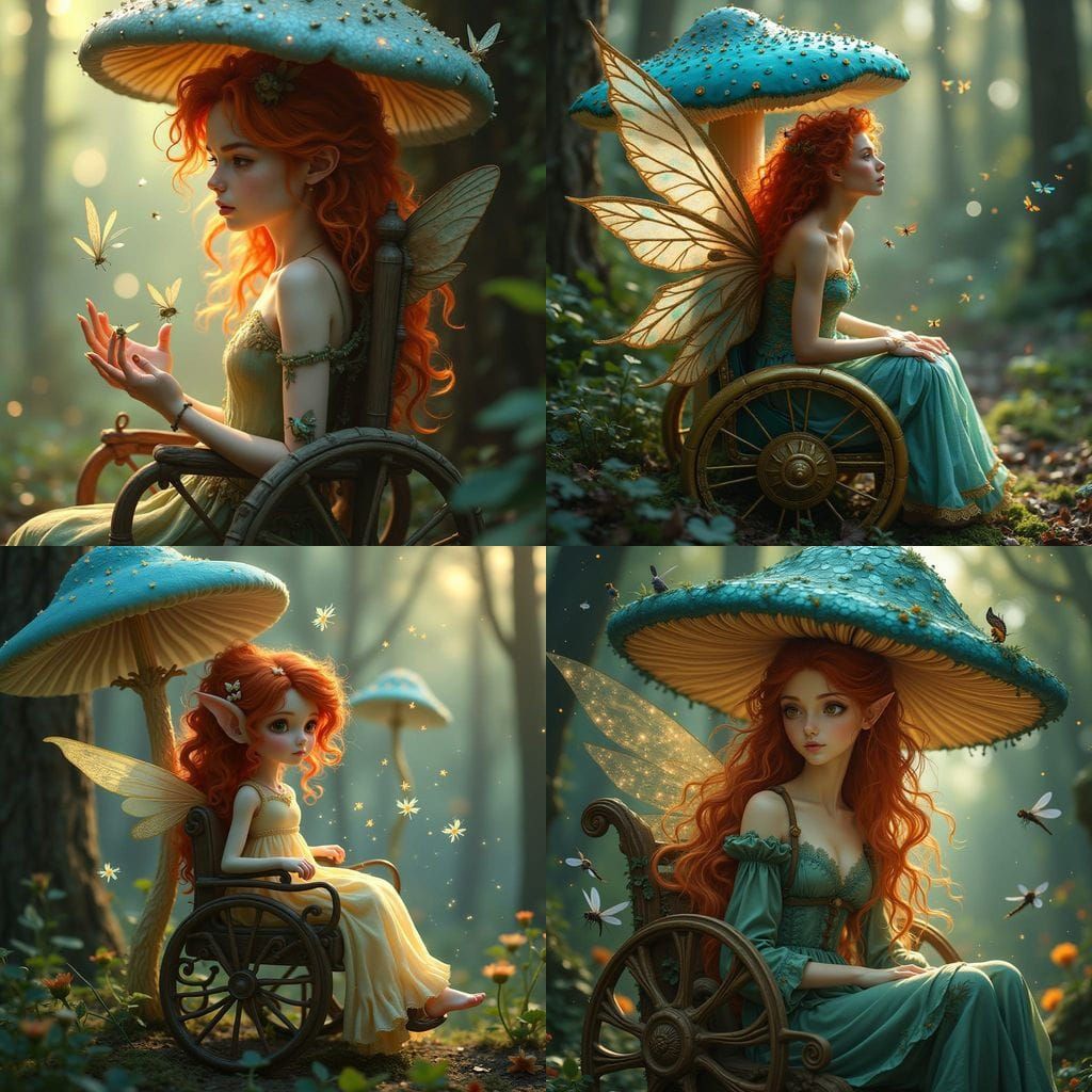 Whimsical Fairy in Ornate Wheelchair Beneath a Blue Spotted....