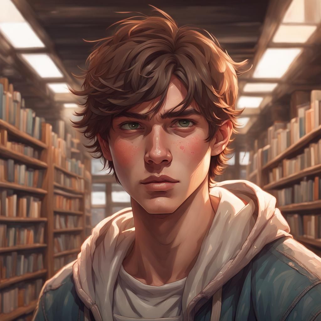 Shy Boy in Bookstore: Hyperdetailed Digital Portrait