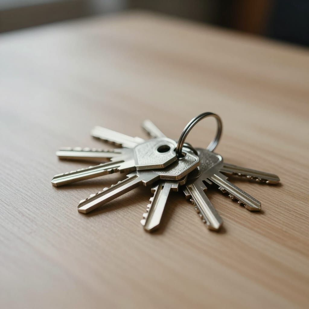 Still Life of House Keys on Wooden Table