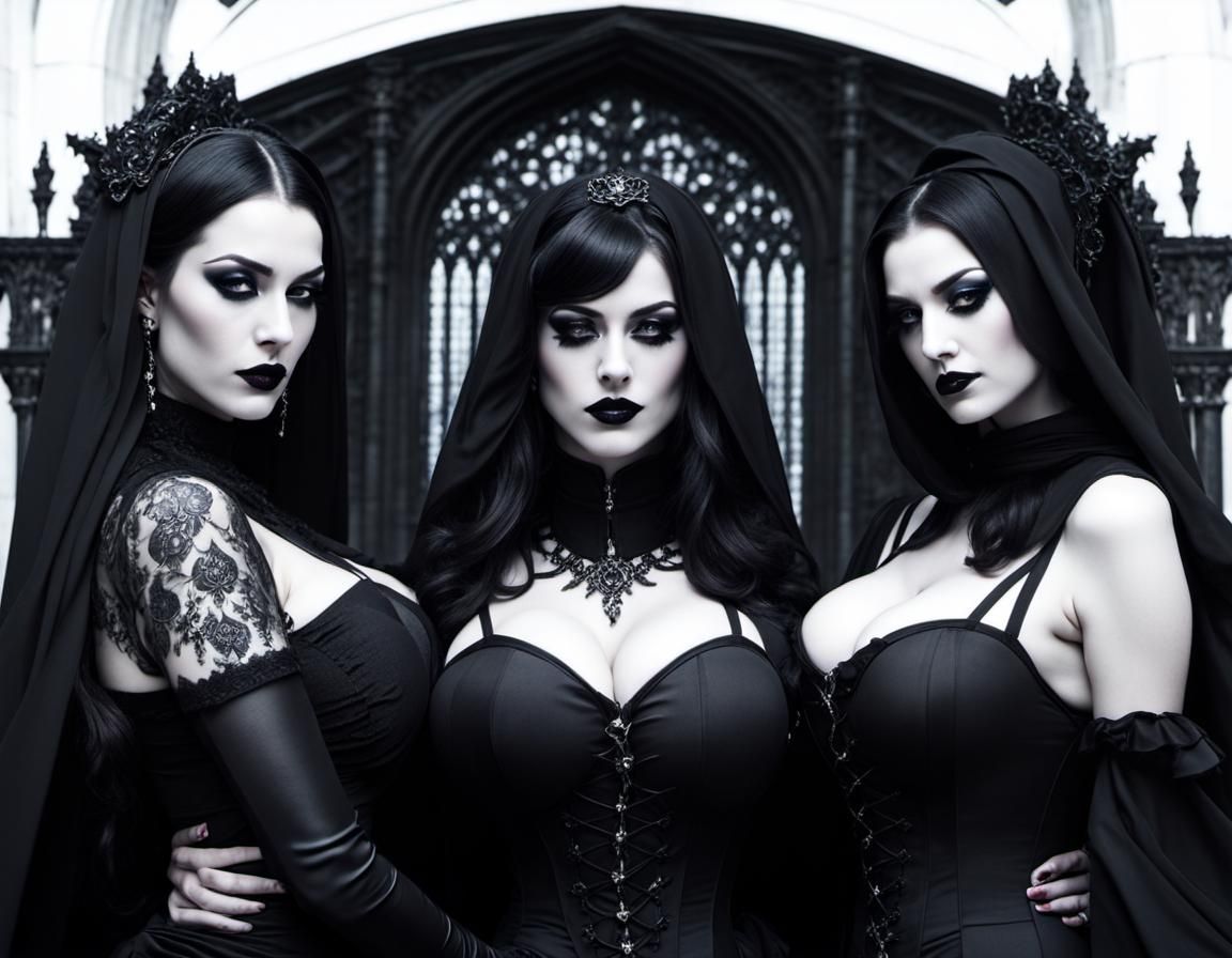 Gothic Cathedral: Three Goth Women in Dramatic Light