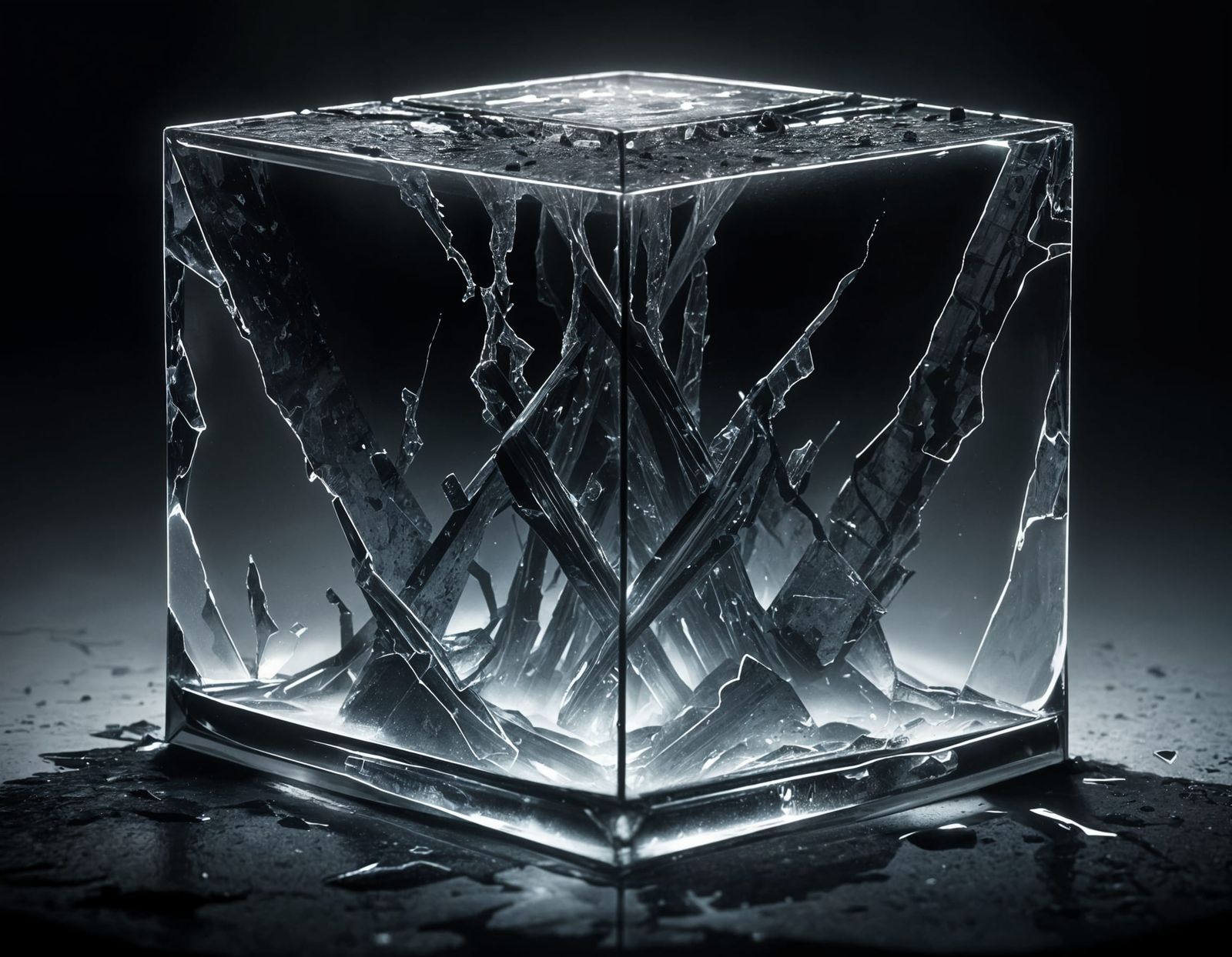 Dramatic Glass Cube Shatters in a Void of Darkness