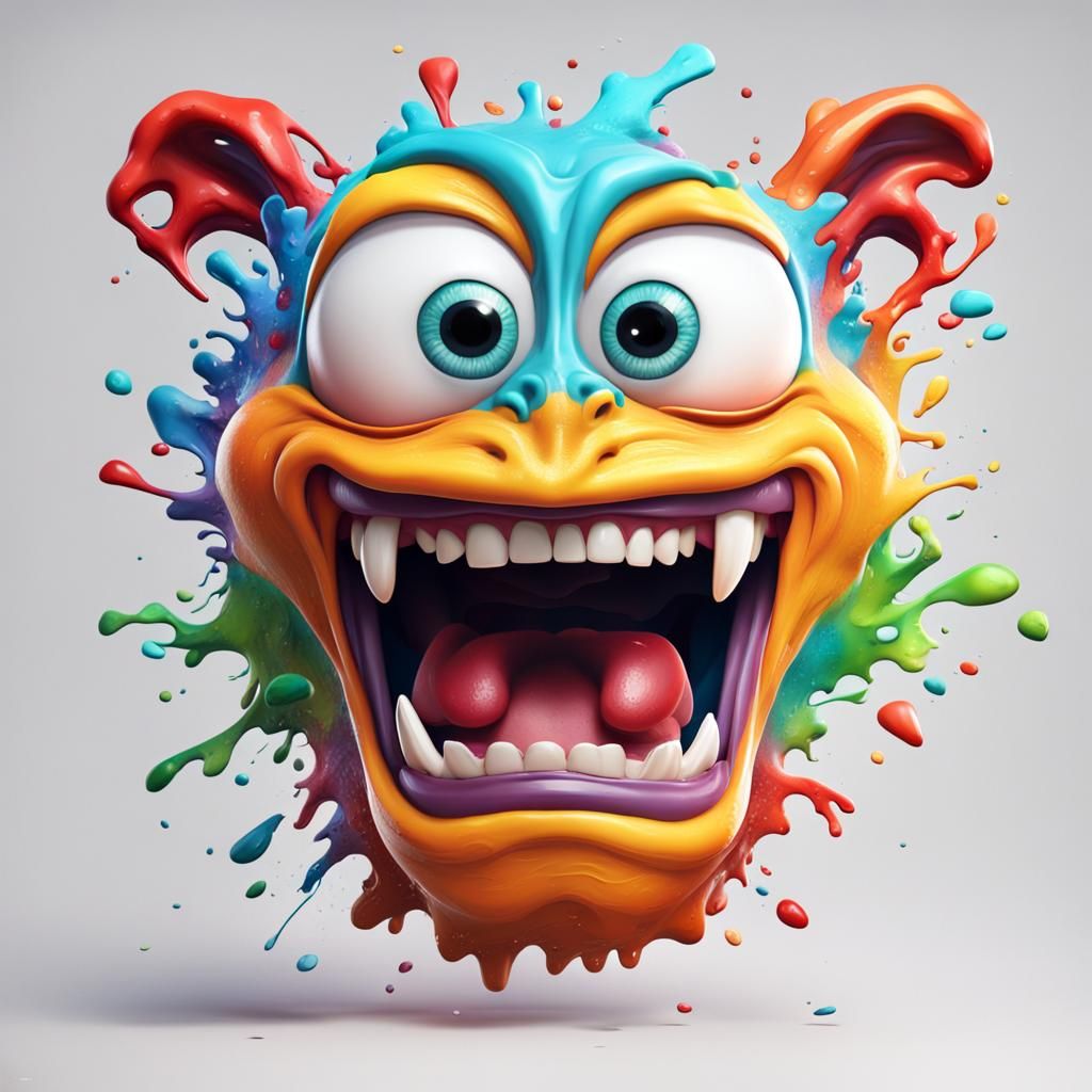 Cartoon Creature Face in Panic: Hyperrealistic Splash Art