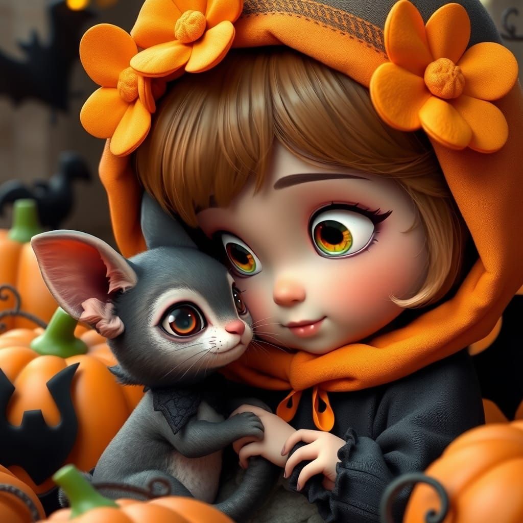 Girl and Kitten in Halloween Costumes: 3D Render