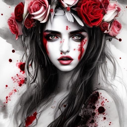Fallen Angel with Roses: Dark Fantasy Watercolor Art