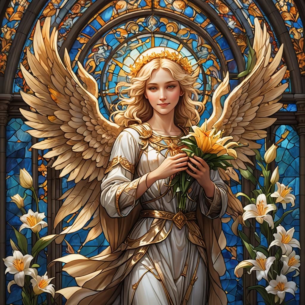 Stained Glass Angel with Lilies: Fantasy Art