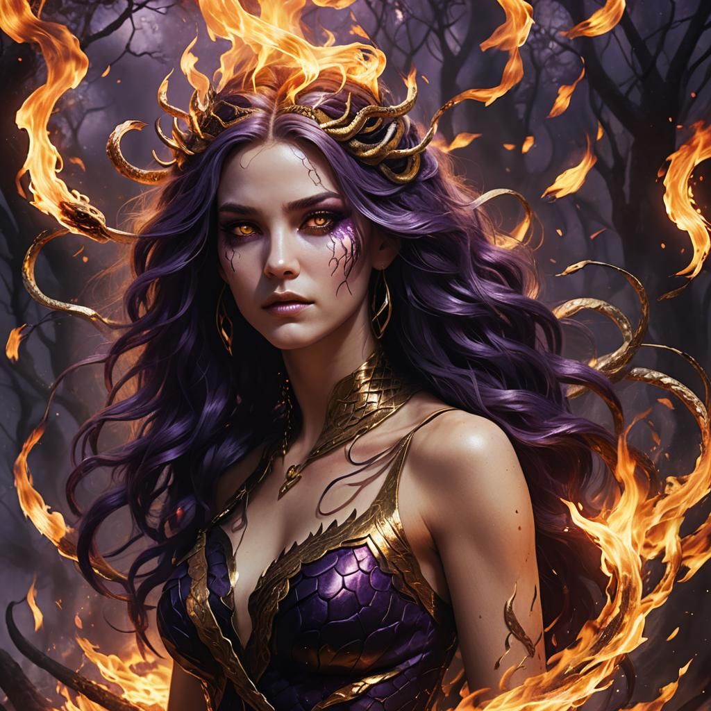 Fiery Snake-Haired Woman in Fantasy Art Style