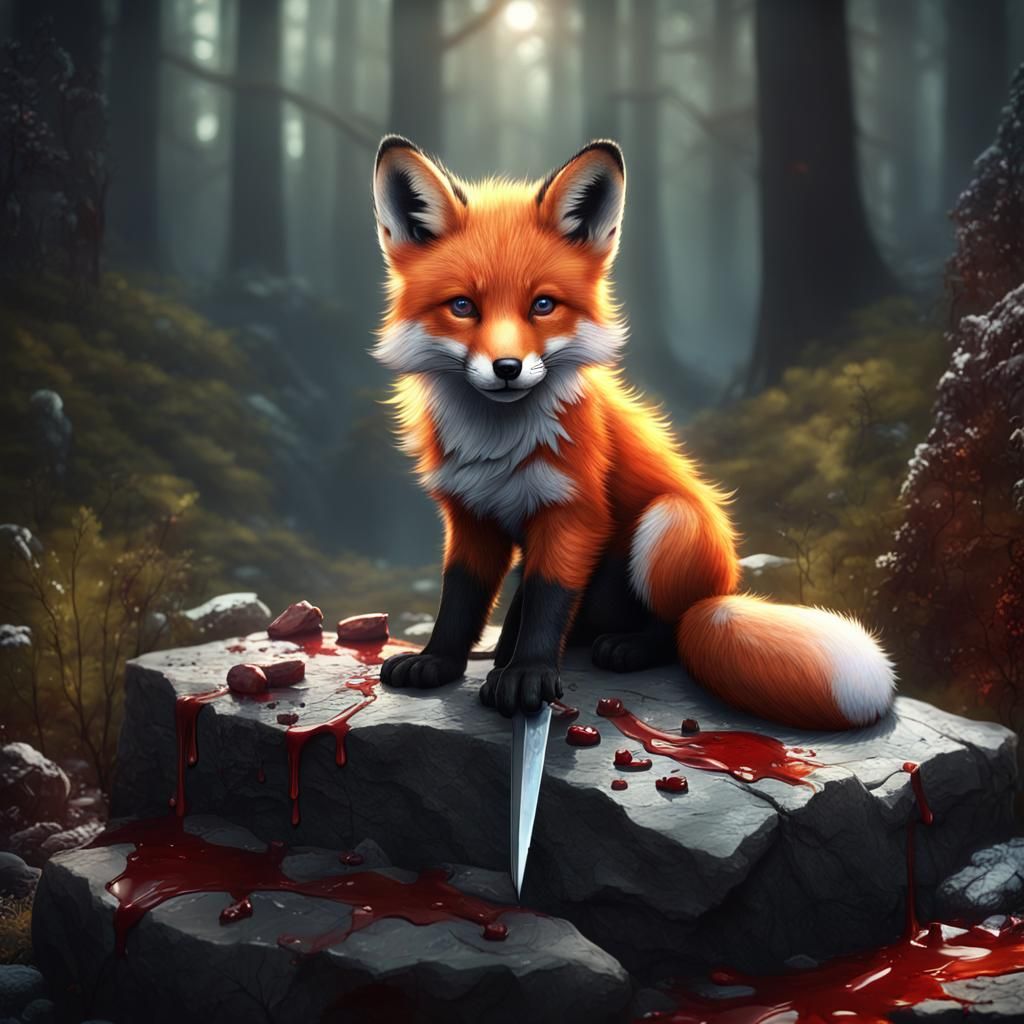 Realistic Fox Puppy with Knife in Forest