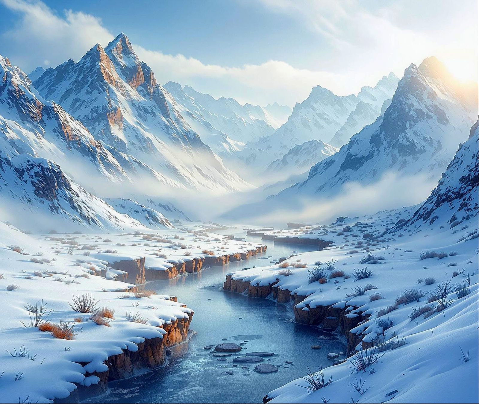 Ethereal Snowy Valley in Holographic Double Exposure