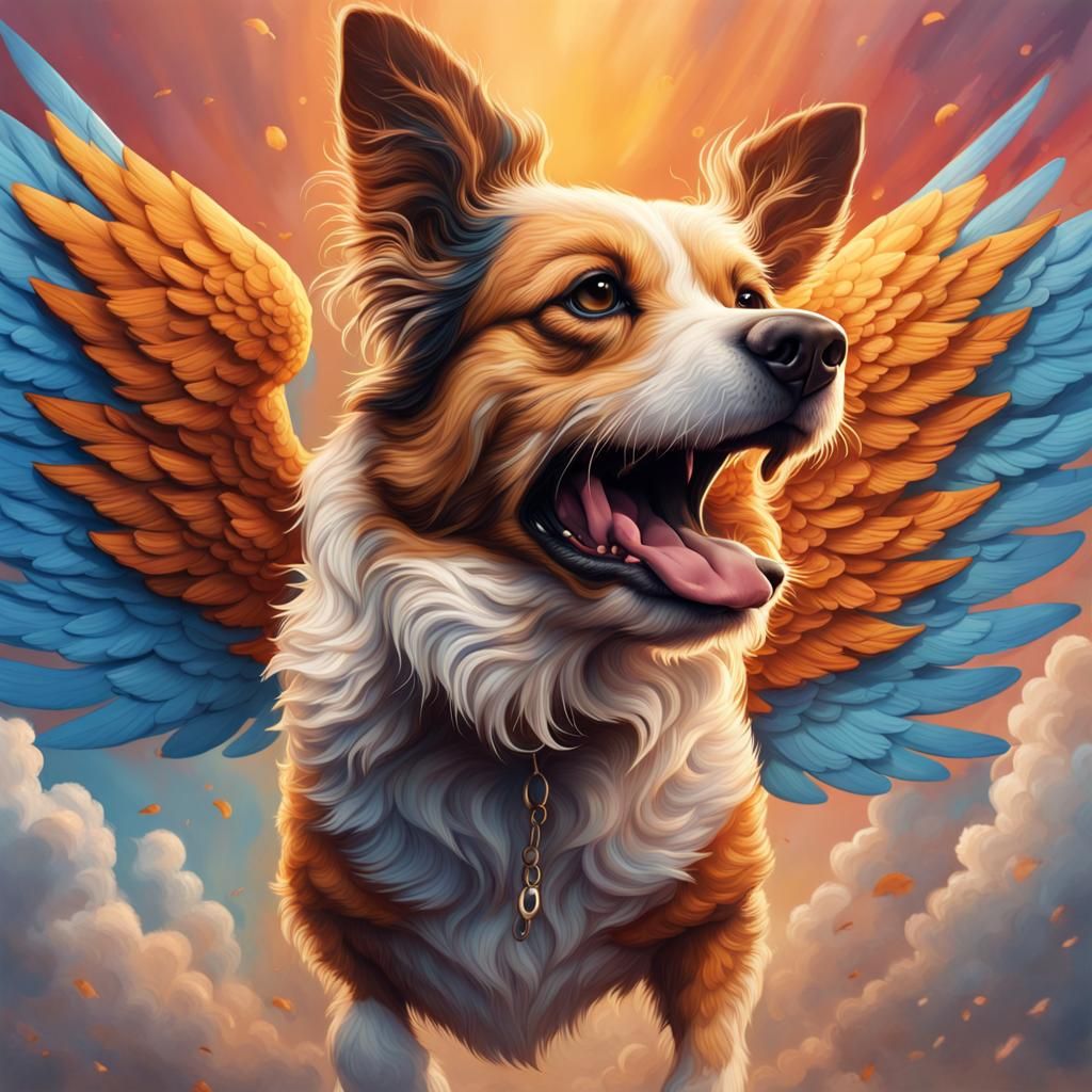 Dog with Wings Flying: Hyperrealistic Splash Art
