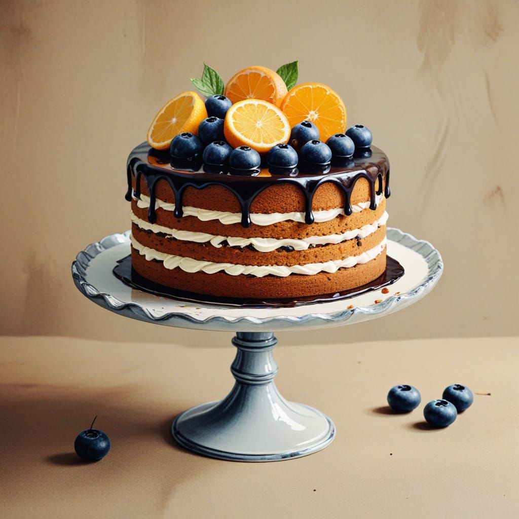 Classic Still Life Ink Drawing of a Big, Sweet Cake