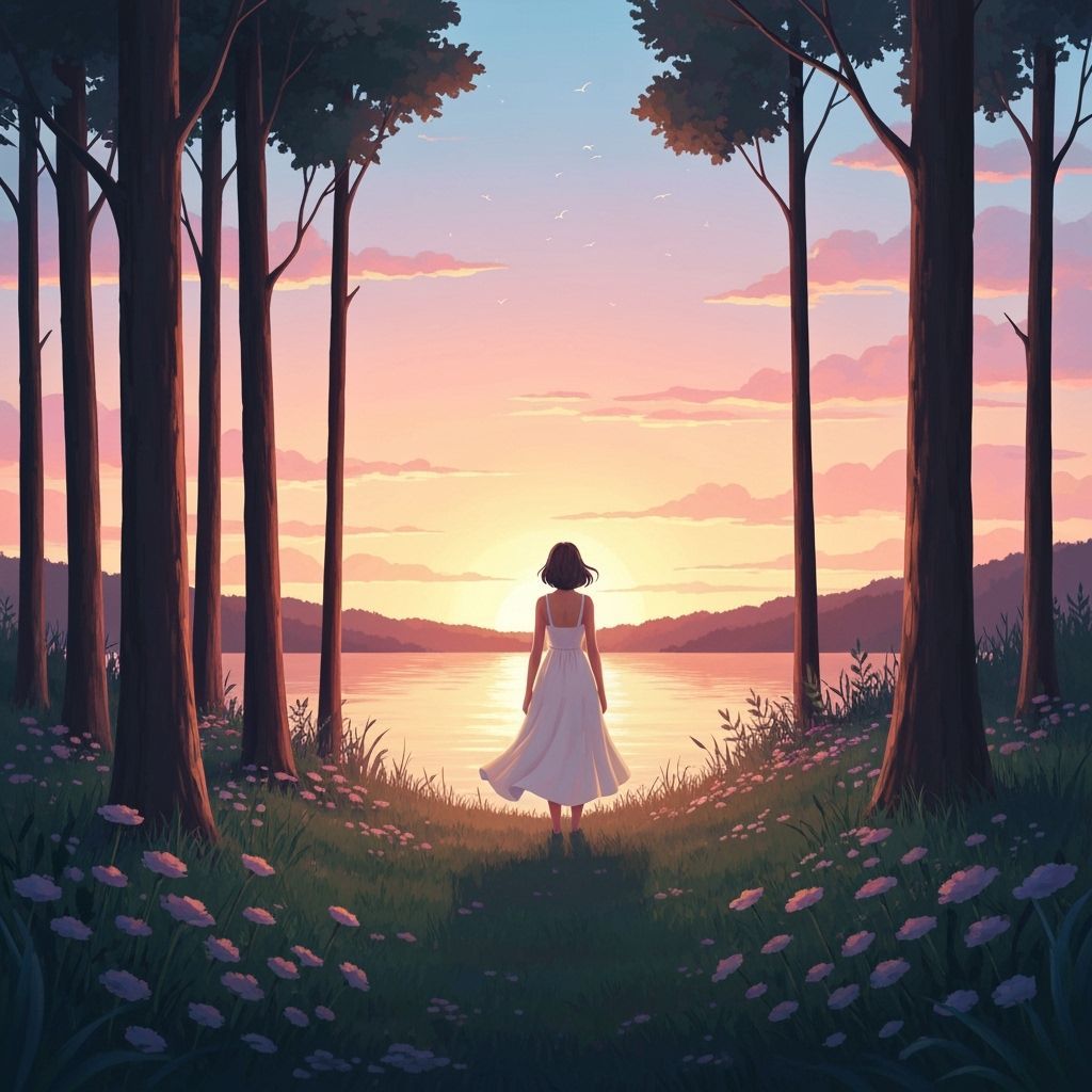 Dreamy Lakeside Scene in Illustrative Style