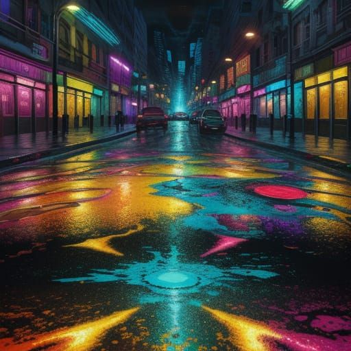 Surrealist Cityscape in Vibrant Oil Painting