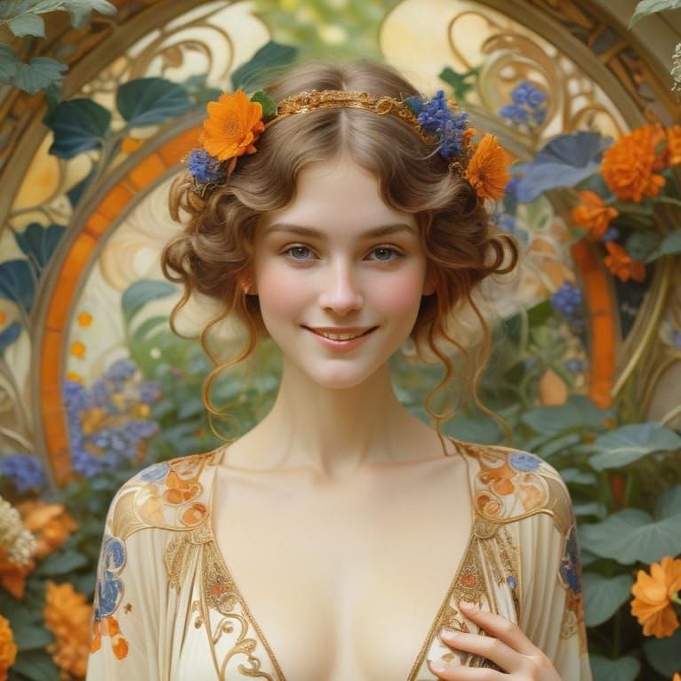 Beautiful Woman with Indigo and Orange Flowers