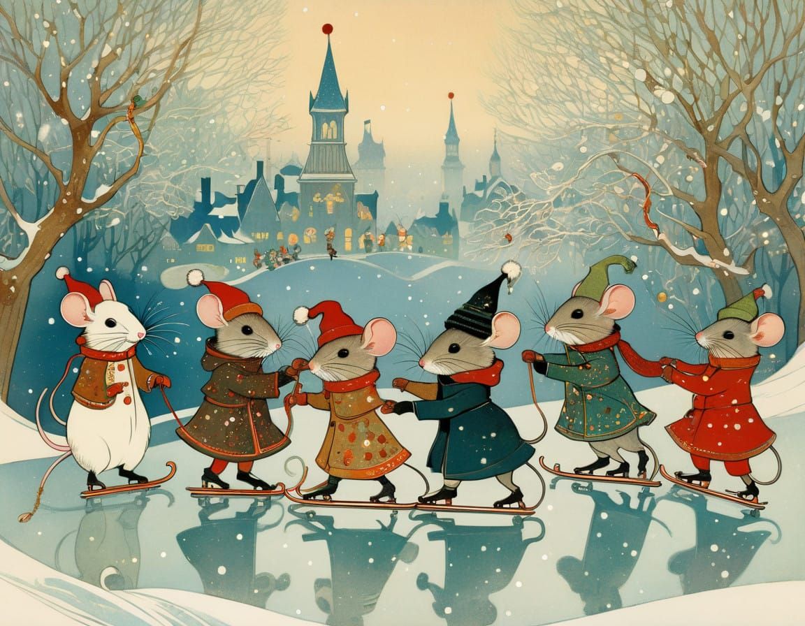 Early 20th Century Mice Family Ice Skating in Festive Winter...