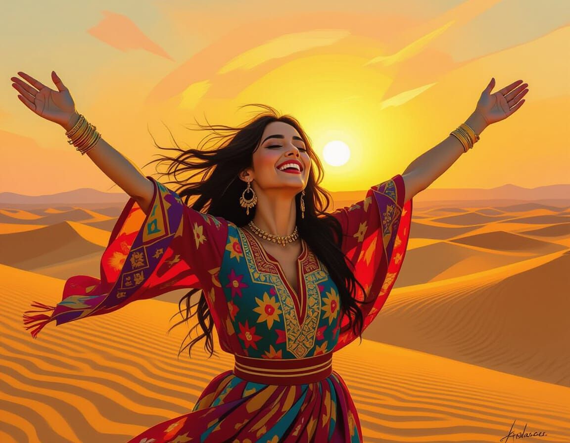 Ecstatic Jordanian Woman Dancing at Sunset