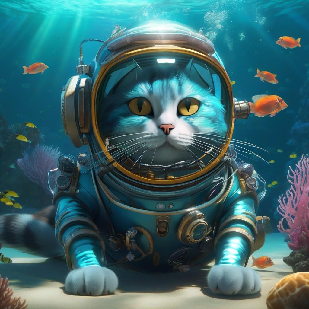 Underwater Cat in Scuba Suit: 8K Concept Art