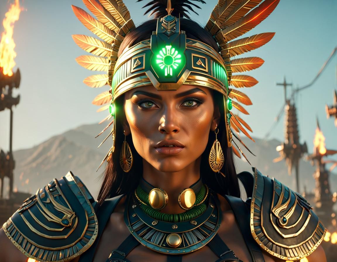 Aztec Warrior Woman in Cyberpunk Servo-Armor