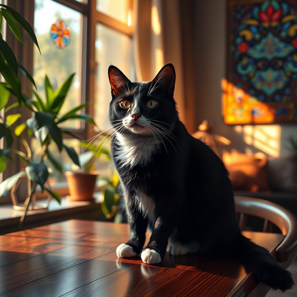 Regal Tuxedo Cat Amidst Vibrant Stained Glass Hues