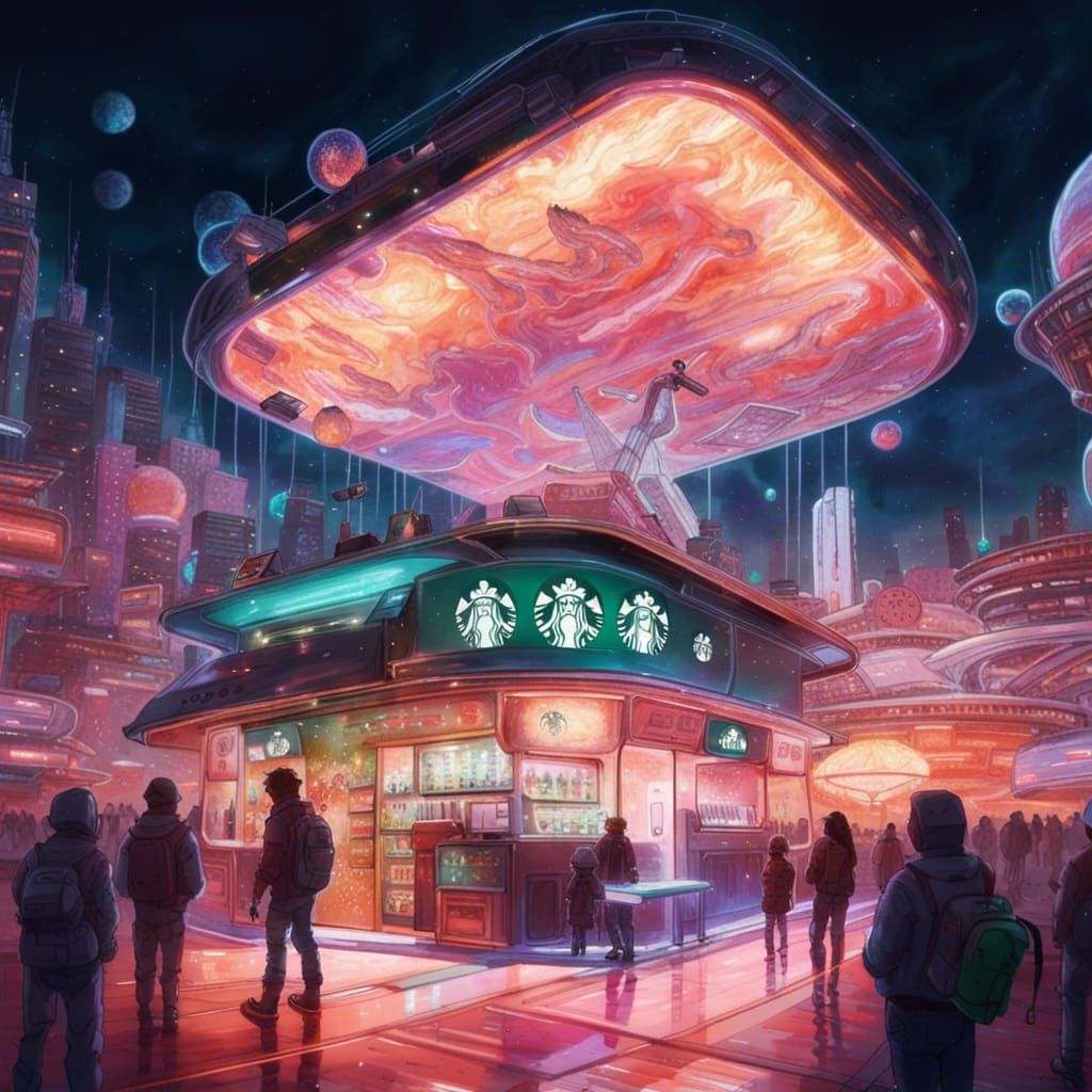 Futuristic Neon Starbucks in Space