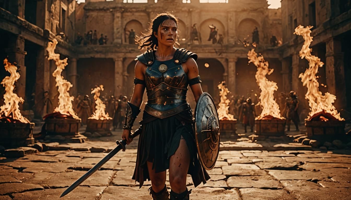Victorious Female Gladiator in Fiery Arena: Cinematic Still