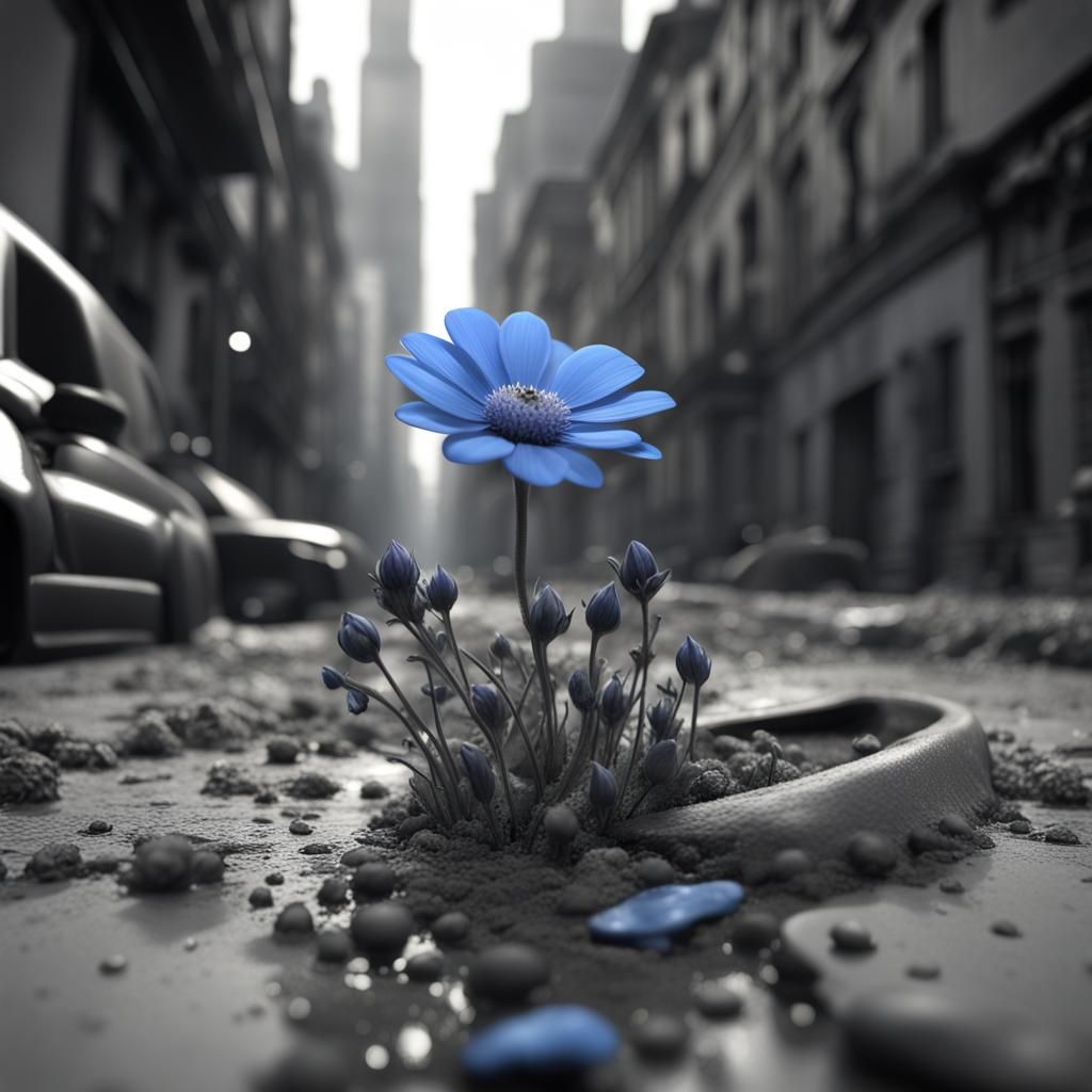 Blue Flower in Grayscale City: Color Splash Art
