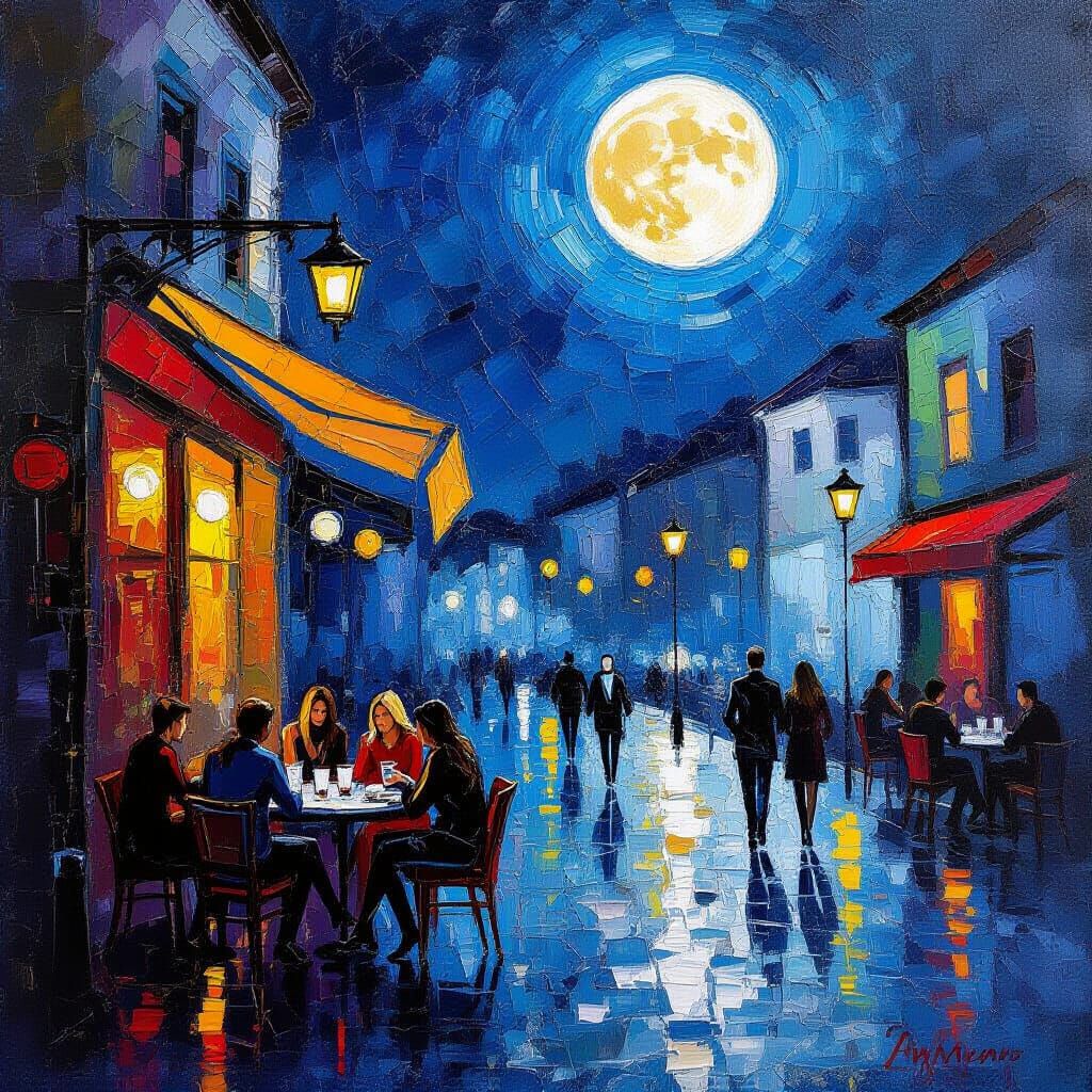 Moonlit Cafe: An Impasto Oil Painting