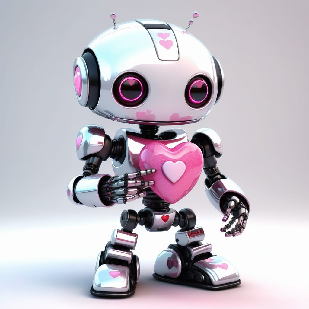 Cute Cyberpunk Robot Falls in Love with Pink Candy Heart
