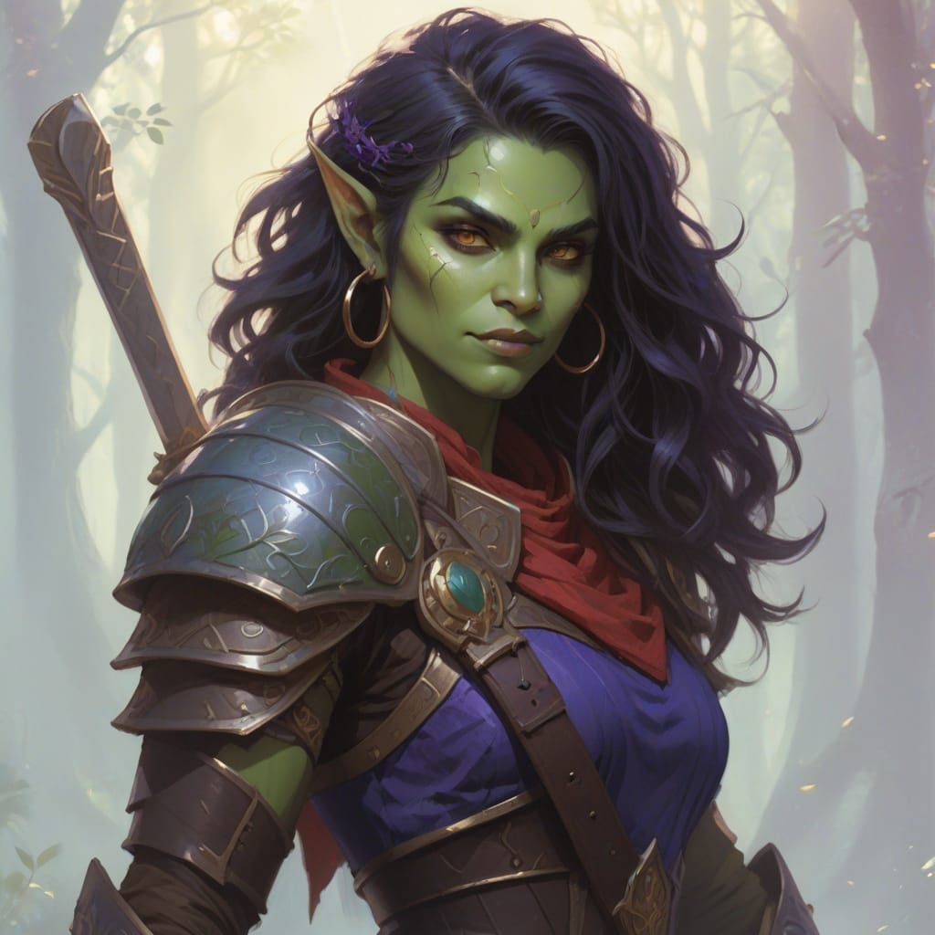 Dreamy Half-Orc Warrior in Whimsical Forest