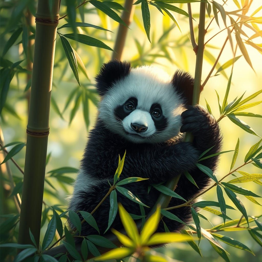 Cute Baby Panda in Lush Bamboo Tree