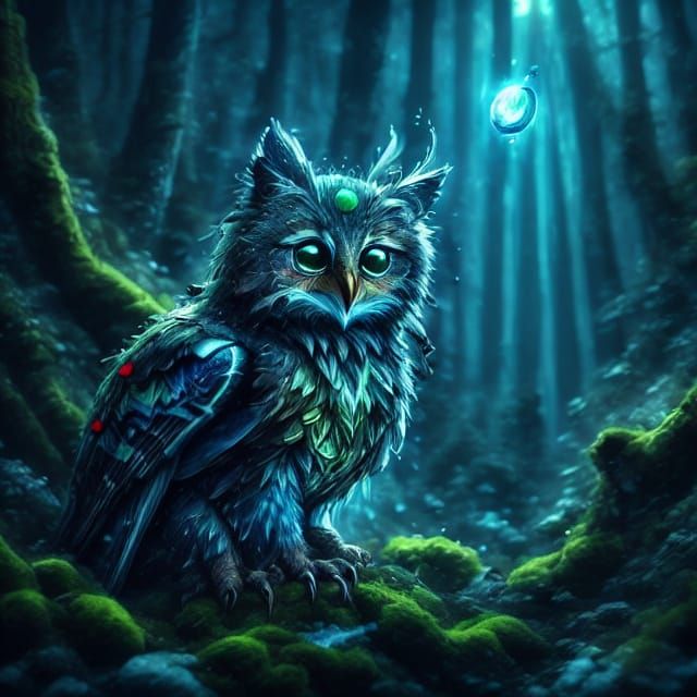 Majestic Owl with Glowing Eyes on Ancient Tree