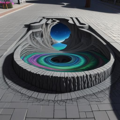artist drawing 3D chalk art on sidewalk very colorful sinkhole into hell hyperdetailed charcoal drawing abstract vector ...