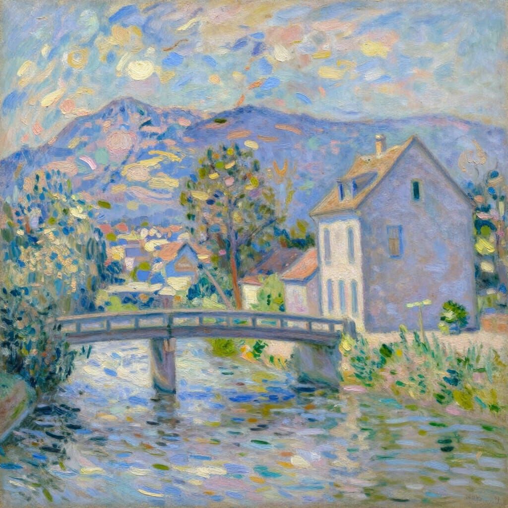 Impressionist Landscape: House, Bridge, River, and Mountains