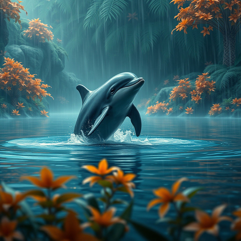 Dolphin Leaping in Rain, Fantasy Matte Painting