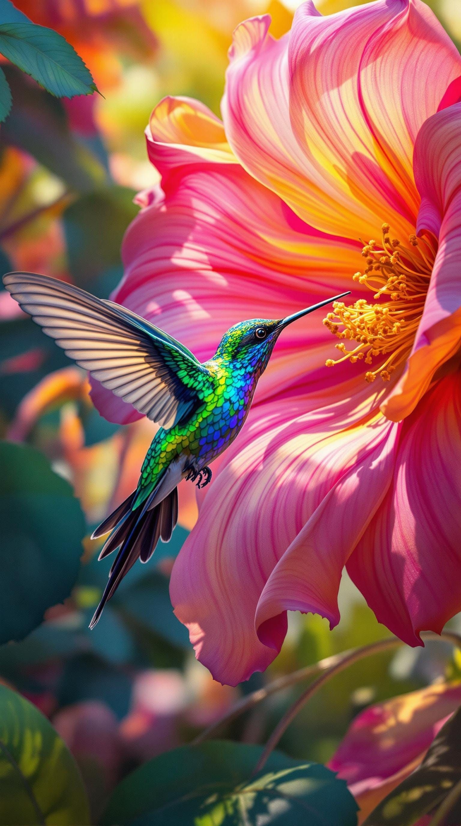 A Vibrant Hummingbird Flies Before a Tropical Flower in a Wh...