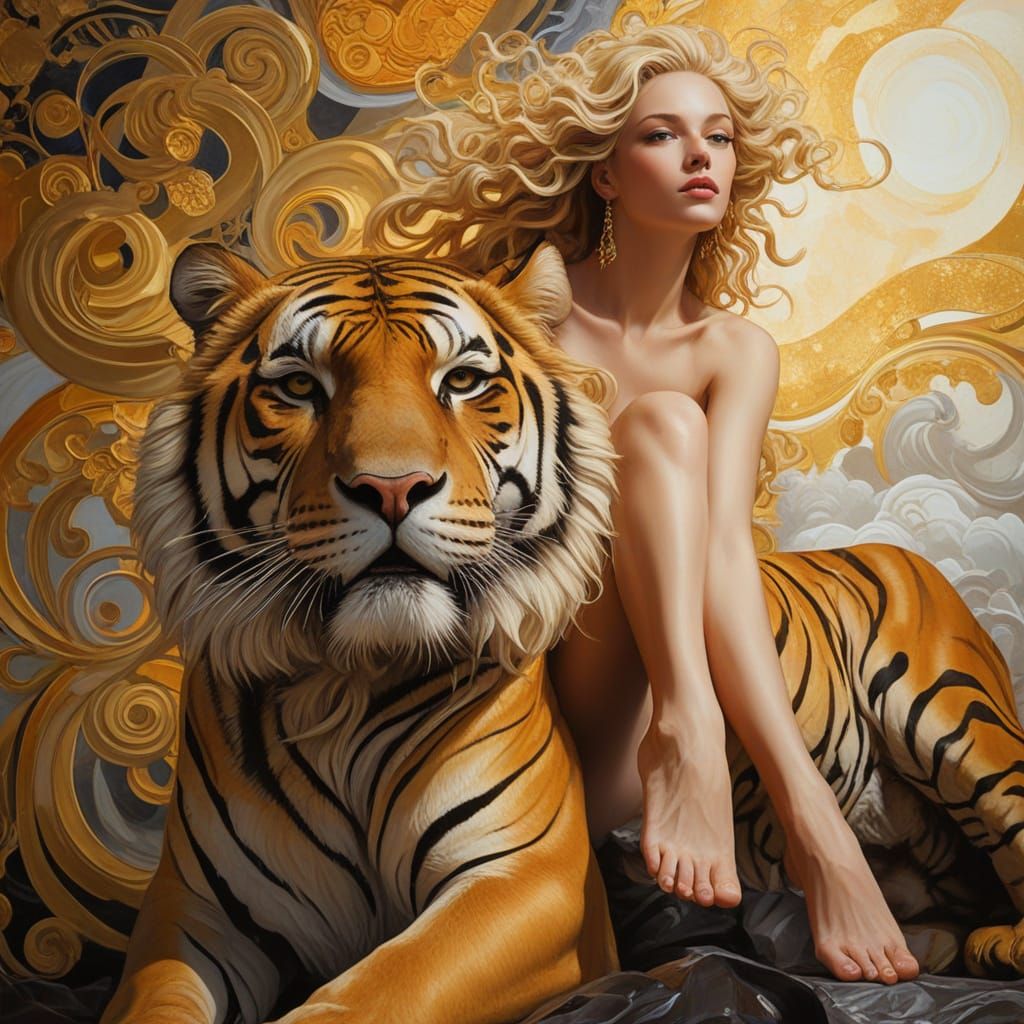 Woman on Tiger in Surreal Dreamscape Oil Painting