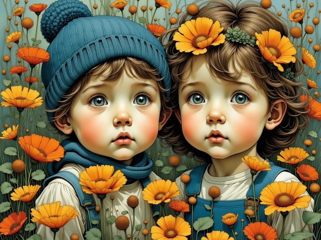 Toddler Siblings in Autumn Wildflowers: Storybook Illustrati...