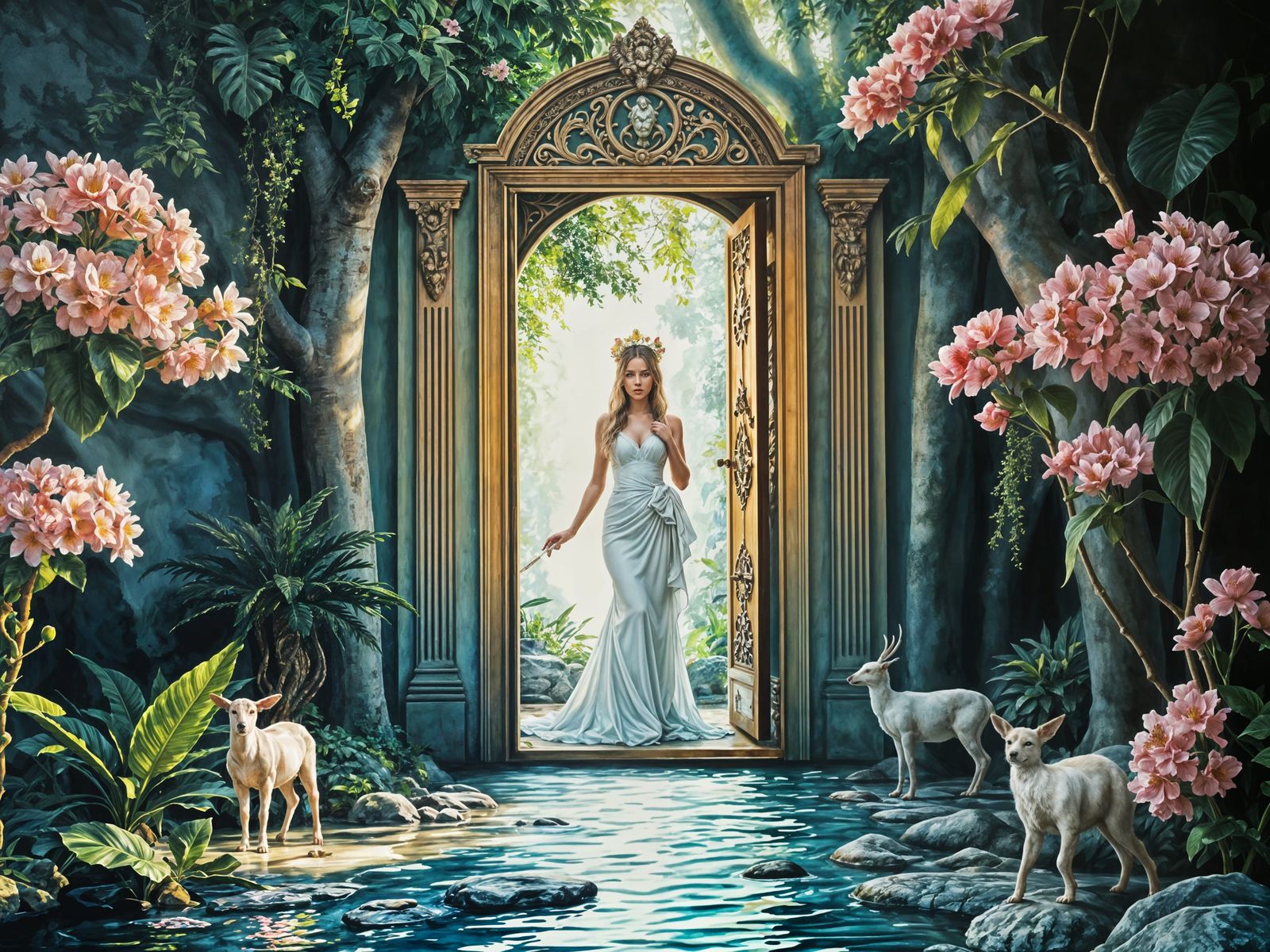Goddess Opens Door to Rainforest Paradise: Gouache Style
