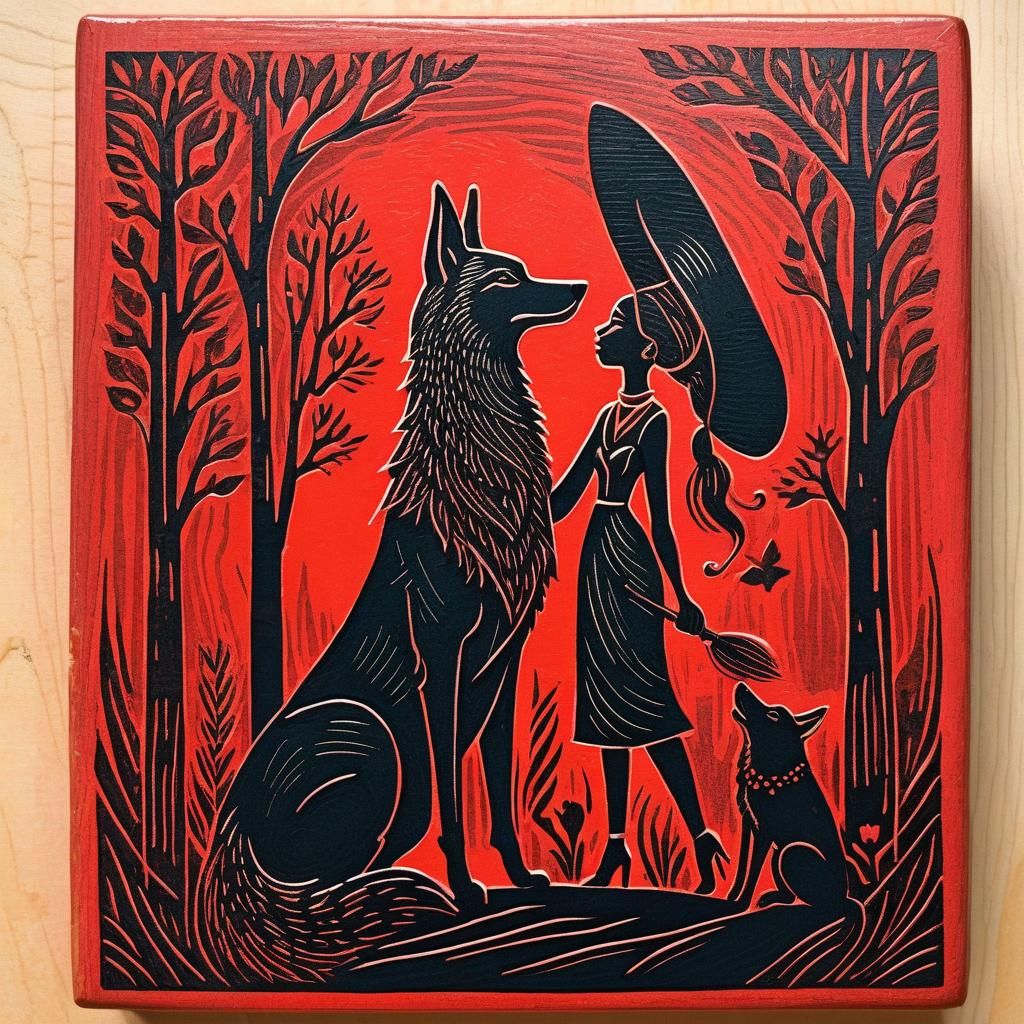 Elegant Witch and Wolf Woodcut Illustration