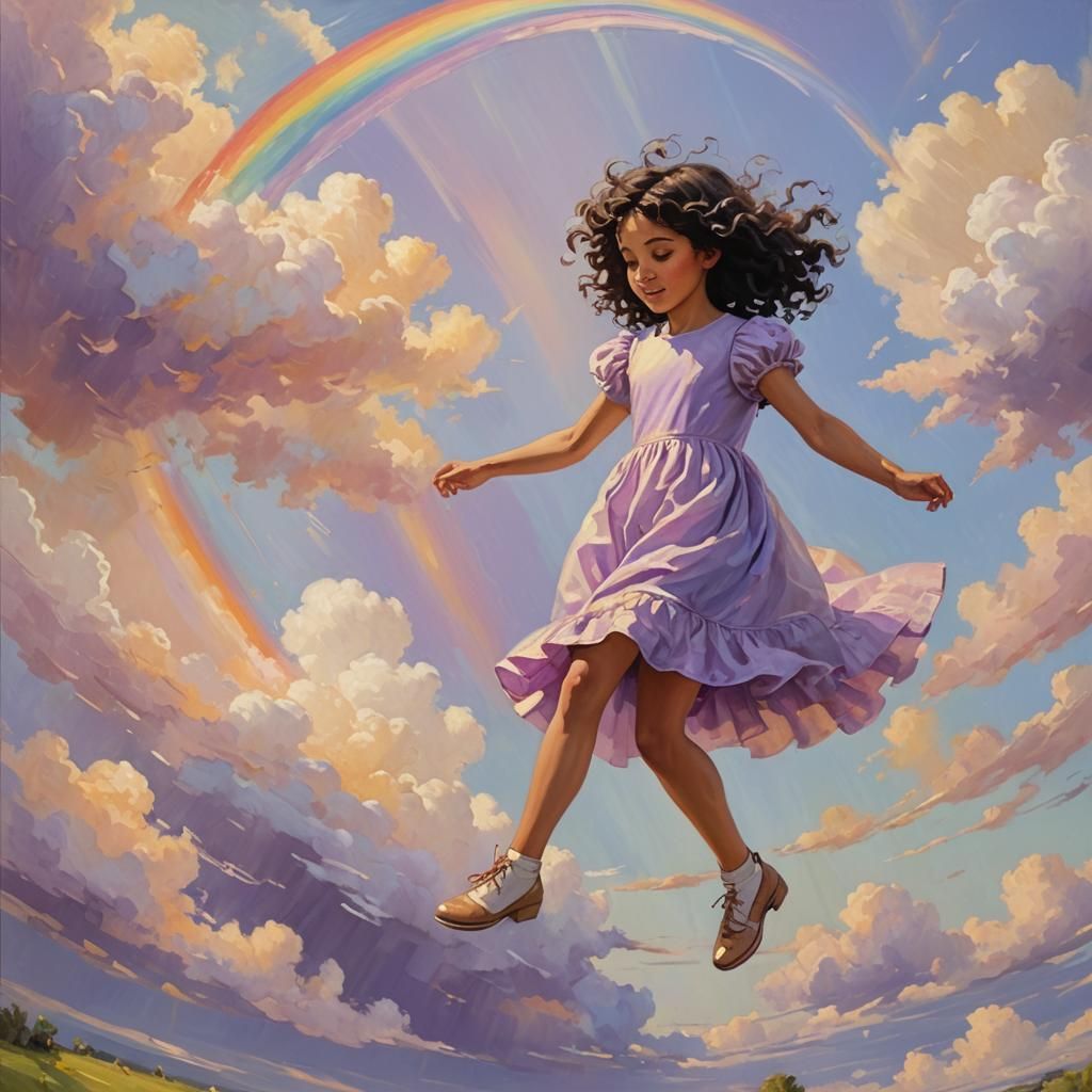 Girl on Rainbow, Impressionist Oil Painting
