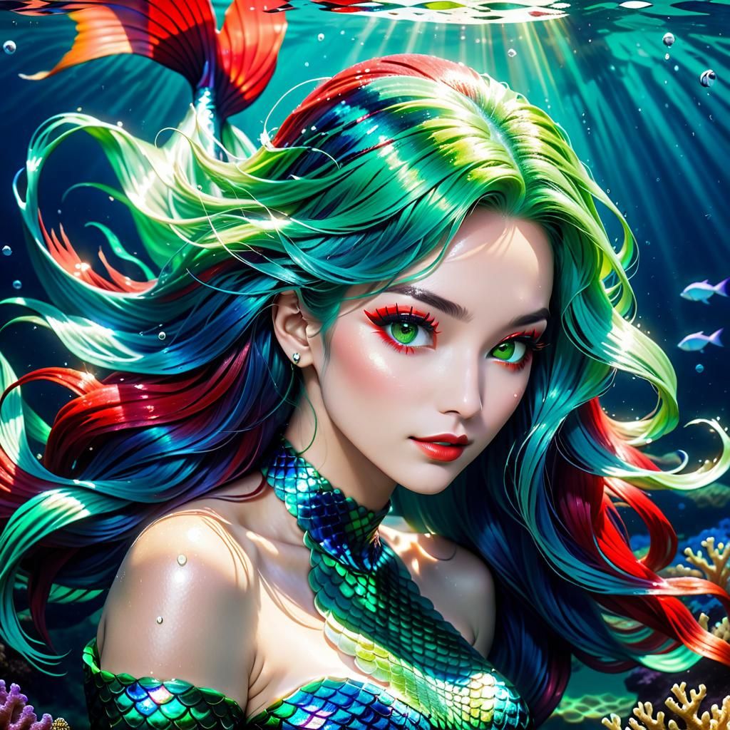 Gothic Mermaid with Red Eyes Underwater