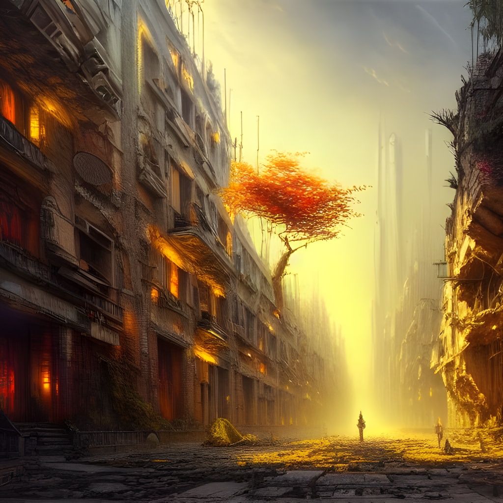 Yellow Tree Reclaims City Ruins: Fantasy Art
