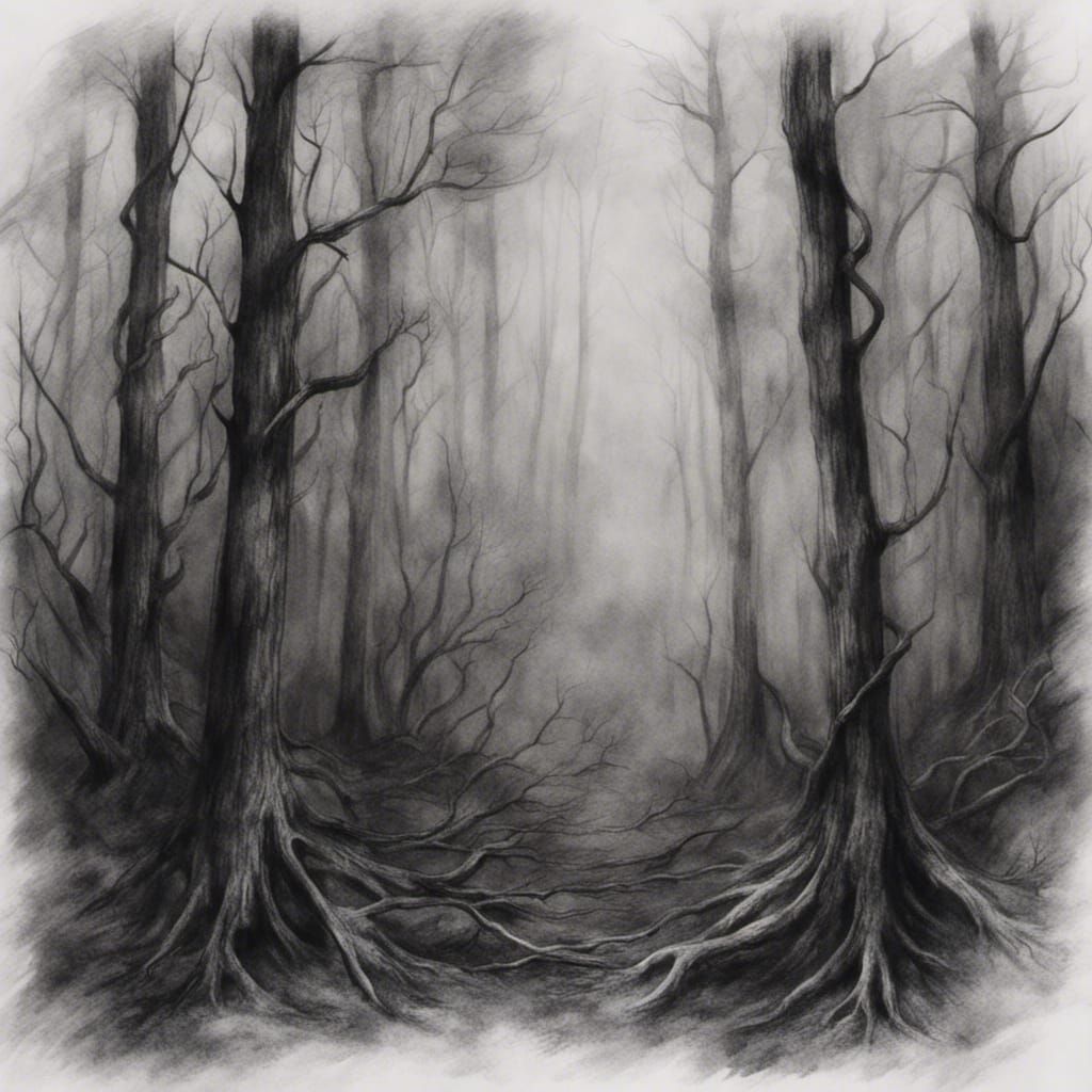 Dark and Scary Foggy Forest: Hyperdetailed Charcoal Drawing